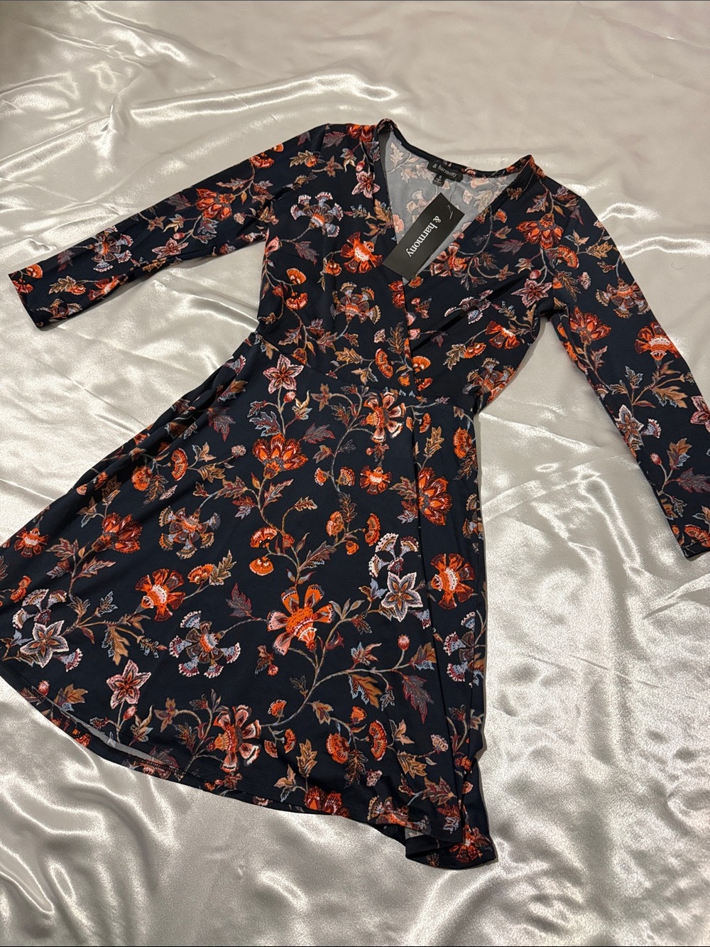 Black Floral V-Neck Long Sleeve Fit & Flare Dress